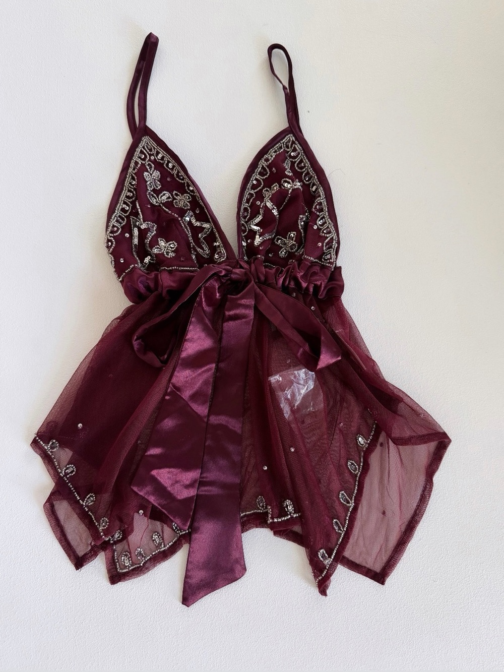 Vintage Wet Seal Burgundy Beaded Sheer Mesh
Babydoll Cami Top Size S